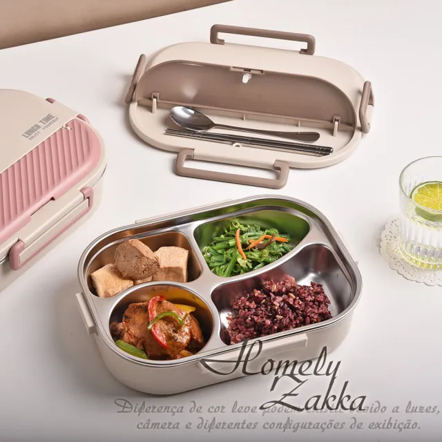 【Homely Zakka】可微波超大容量不鏽鋼分隔保溫便當盒四格 附餐具+湯碗 3入組(微波爐加熱  減脂便當盒)