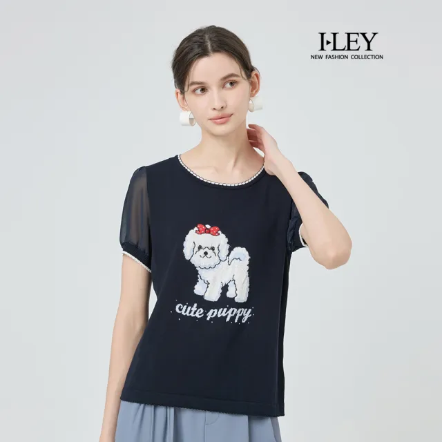 【ILEY 伊蕾】小狗緹織棉質針織上衣(深藍；M-2L；1251405013)