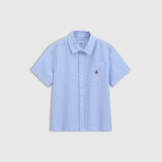 【GAP】男童裝 純棉小熊刺繡翻領短袖襯衫 布萊納系列-藍色條紋(767213)