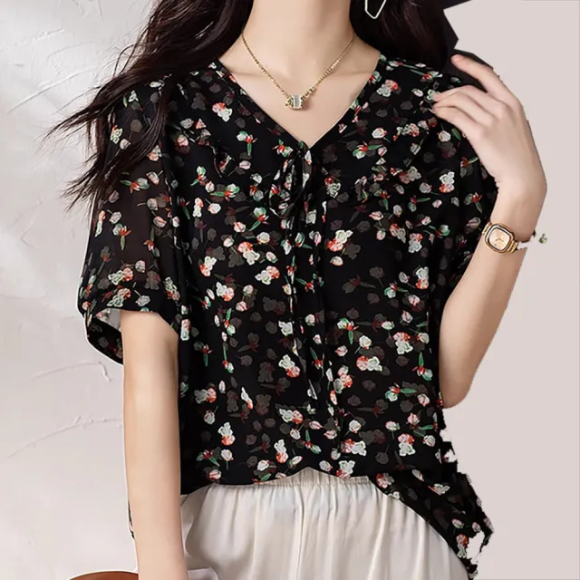 【麗質達人】2679黑色印花雪紡上衣-LY(S-4XL)