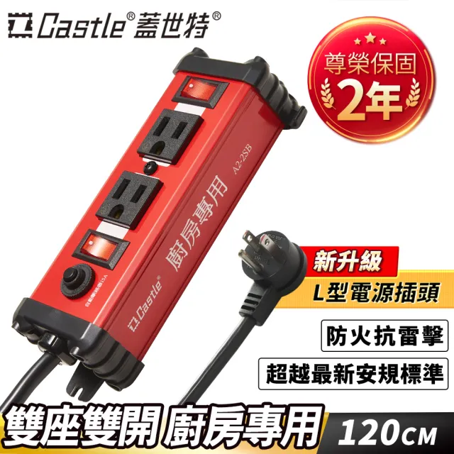【Castle 蓋世特】官方總代理 廚房用鋁合金電源突波保護插座 120CM(紅色)