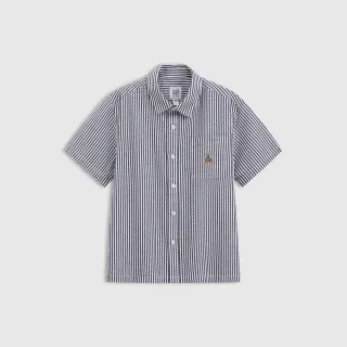 【GAP】男童裝 純棉小熊刺繡翻領短袖襯衫 布萊納系列-黑色條紋(767213)