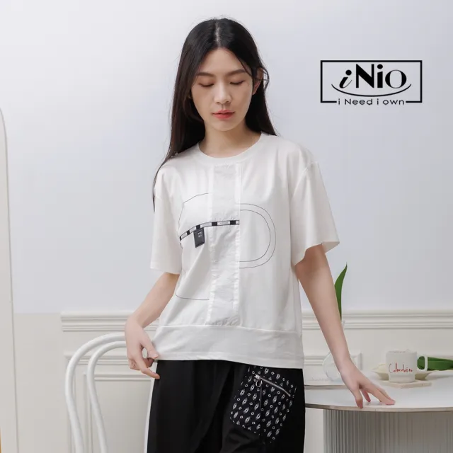 【iNio 衣著美學】短袖上衣 現貨 幾何圖 異材質拼接 圓領短袖棉T(CEW1059)