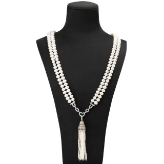 【K.D.J 圓融珠寶】天然珍珠 雙圈 流蘇 項鍊 套鍊(70cm長)