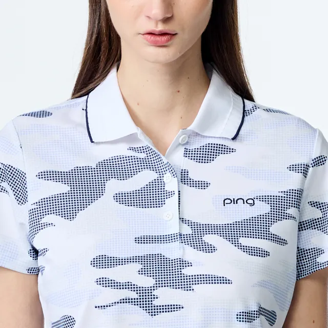 【PING】女款迷彩抗UV高爾夫短袖POLO衫-灰藍(吸濕排汗/GOLF/高爾夫球衫/RA25105-55)