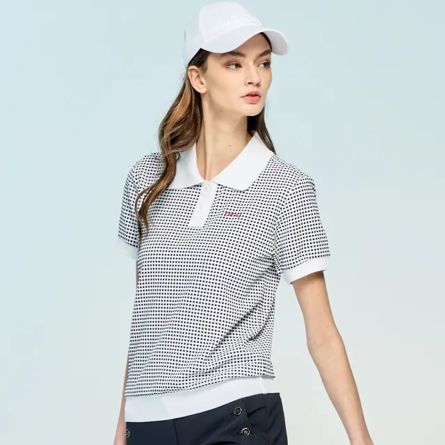 【PING】女款翻領小細格吸濕排汗短袖POLO衫-深藍(日本素材/GOLF/高爾夫球衫/RA25102-58)