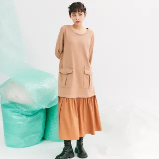 【Dailo】懶人穿搭異材質拼接連身長袖洋裝(藍 咖 灰 /魅力商品)