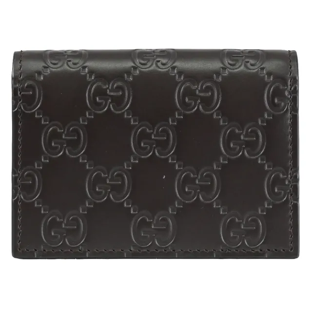 【GUCCI 古馳】經典雙G LOGO皮革壓紋信用卡卡片零錢包(深咖)