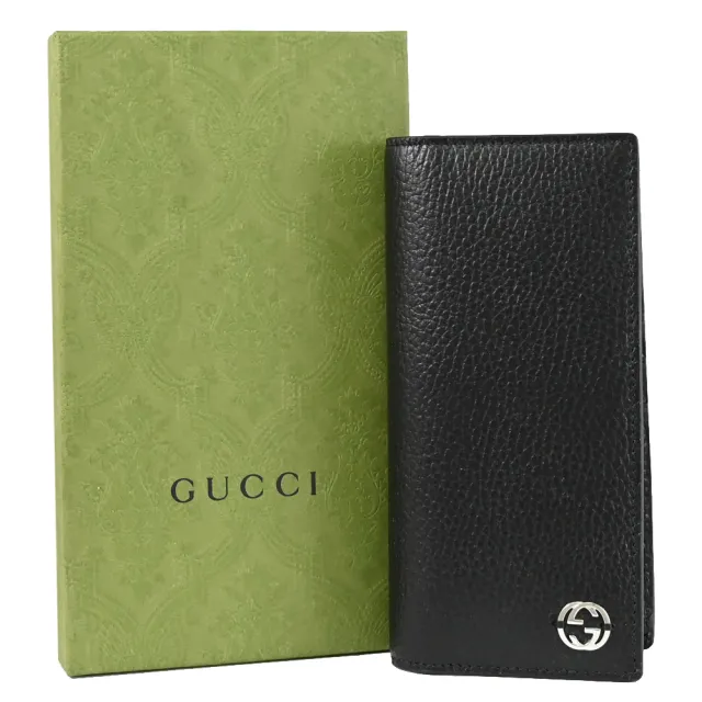 【GUCCI 古馳】金屬雙G LOGO天然皮革多卡證件對折零錢長夾(黑)