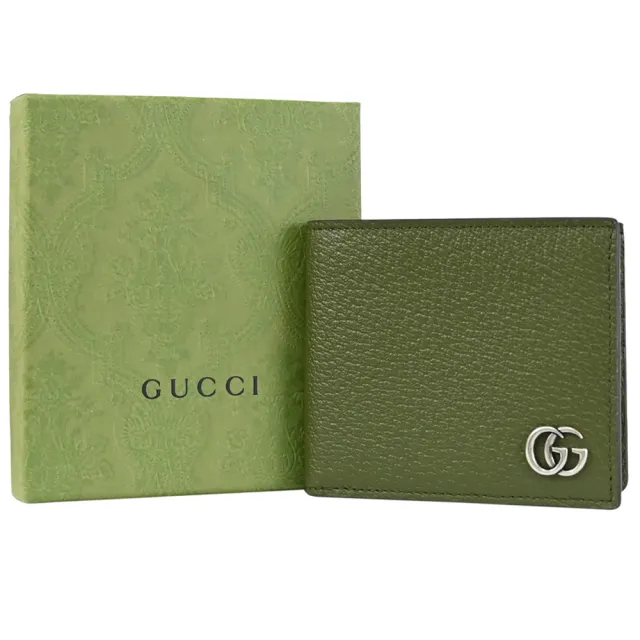【GUCCI 古馳】金屬雙G LOGO素雅皮革雙層8卡對折短夾(墨綠)