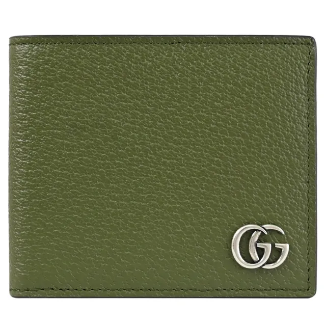 【GUCCI 古馳】金屬雙G LOGO素雅皮革雙層8卡對折短夾(墨綠)