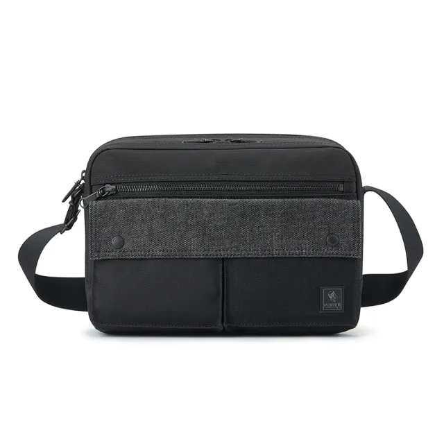 【PORTER INTERNATIONAL】牛仔拼接PATCH WORK雙層斜背包-M(黑)