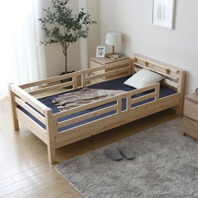 【H&D 東稻家居】艾廉日式清新雙層插座床架-102CM(雙層床 松木 床架 木床架)