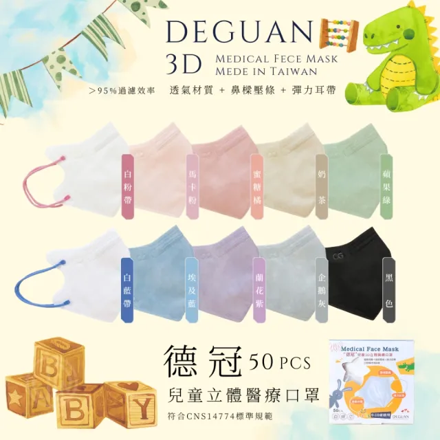 【Deguan】兒童3D立體醫療口罩4盒組(50入/盒｜透氣材質｜鼻樑壓條｜彈力耳帶｜MIT製造)