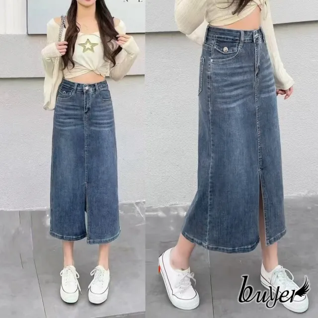 【buyer 白鵝】零碼出清 刷色下擺 開叉 彈性 七分裙 牛仔裙(牛仔藍L/XL)