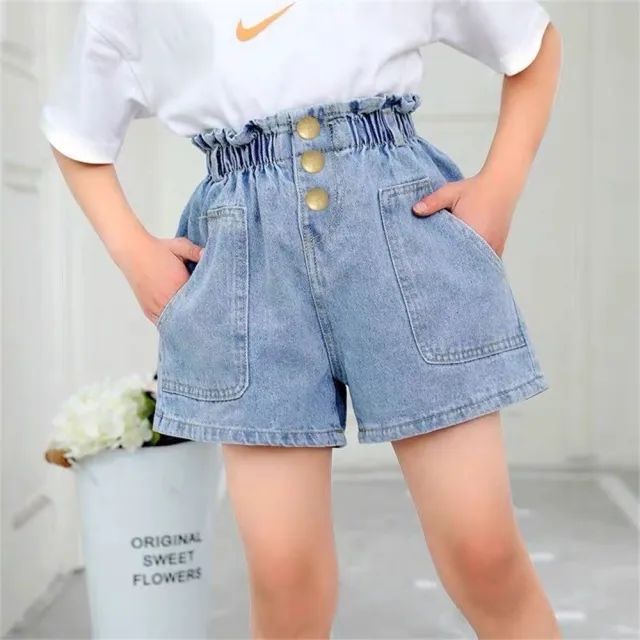 【安朵童舖】現貨韓版兒童牛仔短褲女童彈力褲腰牛仔熱褲女寶休閒短褲