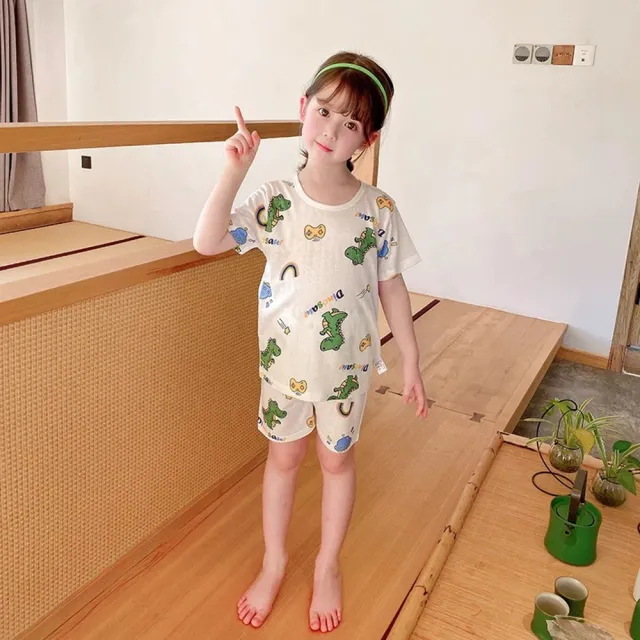 【安朵童舖】現貨韓版兒童竹節棉冰絲短袖套裝女童印花空調套裝男童短袖睡衣套裝短袖上衣短褲兩件套(050)