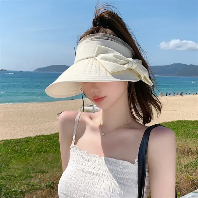 【LEEHER】618 女生/帽子/遮陽帽/薄紗蝴蝶結/大蝴蝶結/空頂帽/防曬帽/顯臉小/頭圍可調/魔鬼氈黏貼/