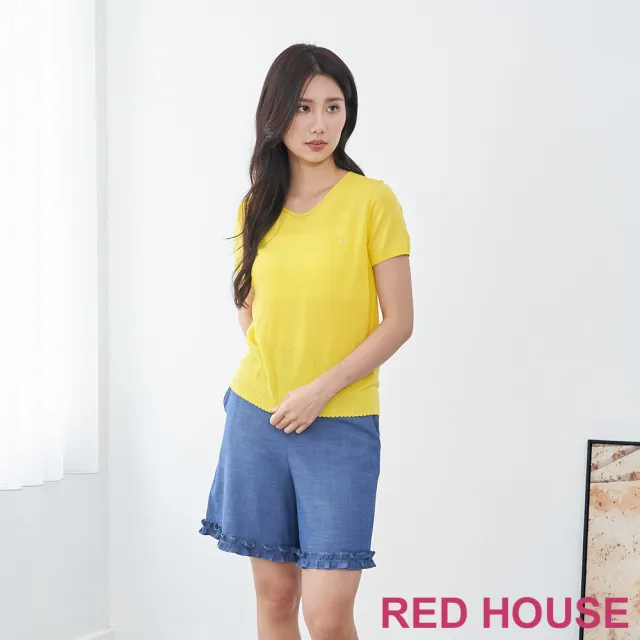 【RED HOUSE 蕾赫斯】簡約珠飾點綴素面針織衫(亮眼黃)