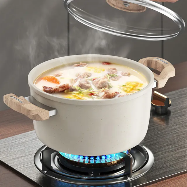 【QHL 酷奇】麥飯石 雙耳湯鍋不沾鍋-附鍋蓋+304不鏽鋼蒸籠-20CM(燉鍋/湯鍋/煎鍋)