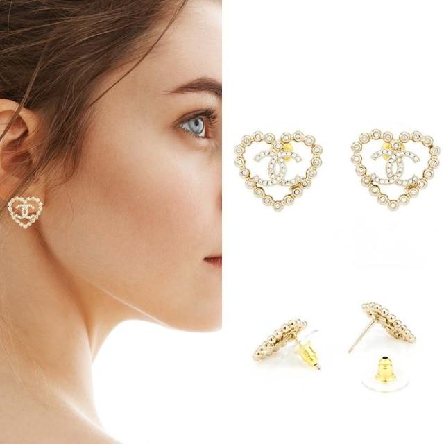 【CHANEL 香奈兒】雙C耳環(淡金/單排鑽鏤空愛心內嵌單排鑽小雙C)