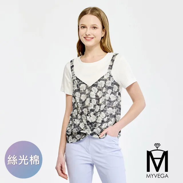 【MYVEGA 麥雪爾】MA絲光棉假兩件式印花下擺扭結上衣-黑(復古T/)