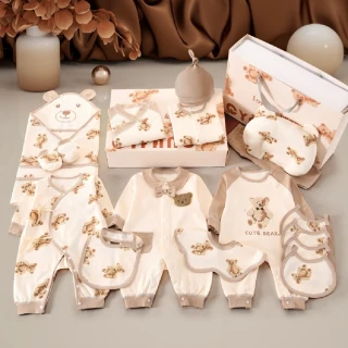 【Kori Deer 可莉鹿】彌月禮盒-泰迪熊新生兒連身衣配件大禮包26件四季款(蝴蝶衣嬰兒帽襪子圍兜手套包巾)