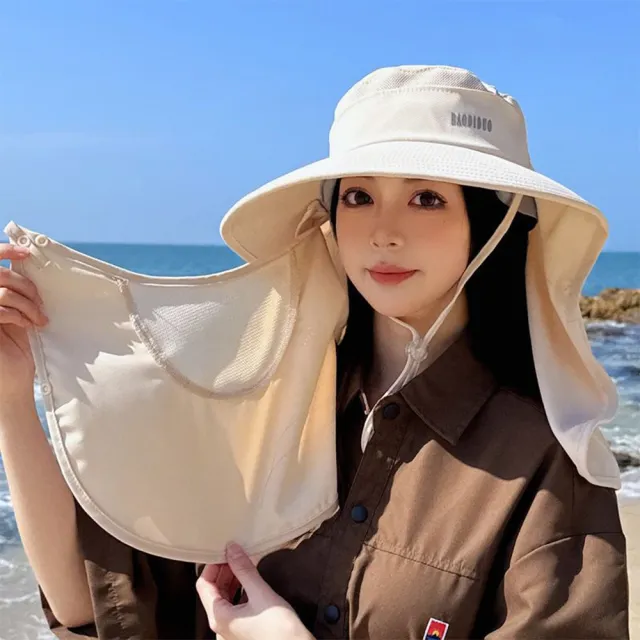 【LEEHER】女生/防曬帽/遮臉遮陽帽/大帽簷/遮陽帽/披肩遮陽帽/韓版防曬帽帶馬尾孔/透氣/沙灘帽/