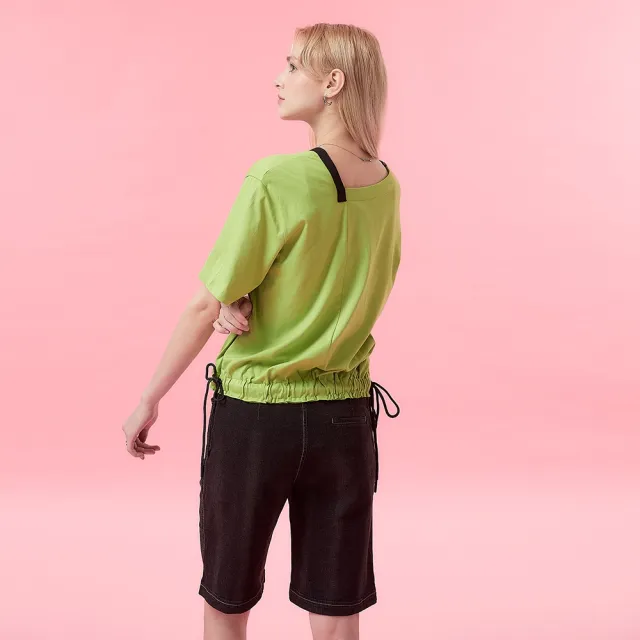 【ICHE 衣哲】Cop.Copine法式撞色滾邊拼接鬆緊抽繩翻領五分袖造型上衣