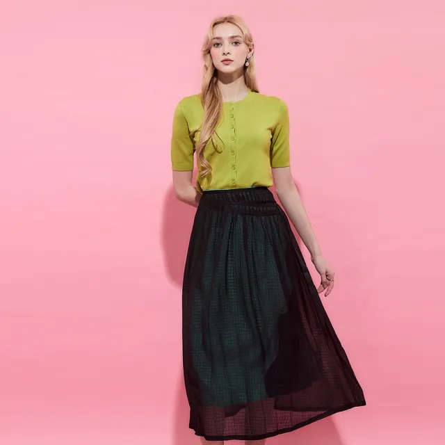 【ICHE 衣哲】Cop.Copine法式輕時尚紡紗層次拼接透視感雕花造型半長裙