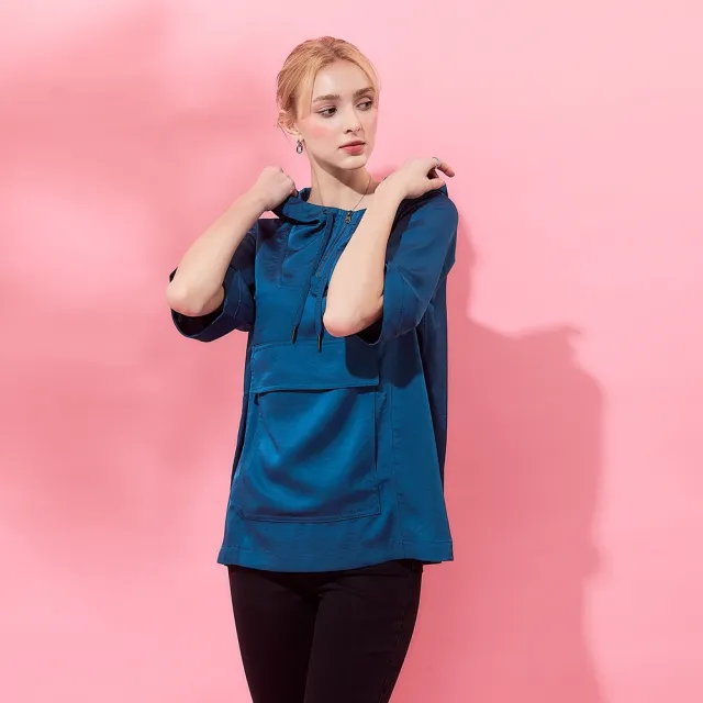 【ICHE 衣哲】Cop.Copine法式連帽附大口袋五分袖上衣