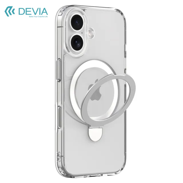【DEVIA】iPhone 16 金屬支架 MagSafe 保護殼-透明(PC硬殼+TPU軟邊+金屬磁力支架)