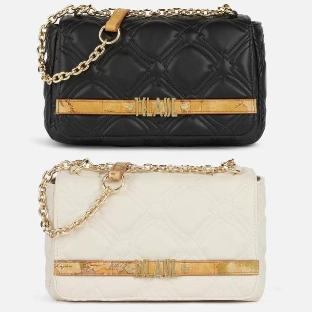 【Alviero Martini】義大利地圖包 輕奢菱格紋鍊帶翻蓋側背包(2色)