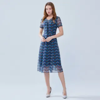 【YIDIE 衣蝶】波紋星星印花Aline長洋裝-寶藍