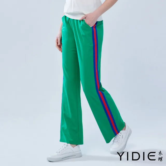 【YIDIE 衣蝶】水鑽字母刺繡紅藍織帶長褲套裝-白/綠(上下身分開販售)