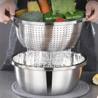 【新錸家居】24cm星閃304不鏽鋼加密孔瀝水籃/備料理盆/湯鍋-3L(多功能洗菜盆調料碗洗米器洗滌籃蒸煮鍋)