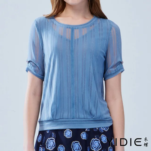【YIDIE】出清品 銀蔥網紗壓褶造型上衣-水藍
