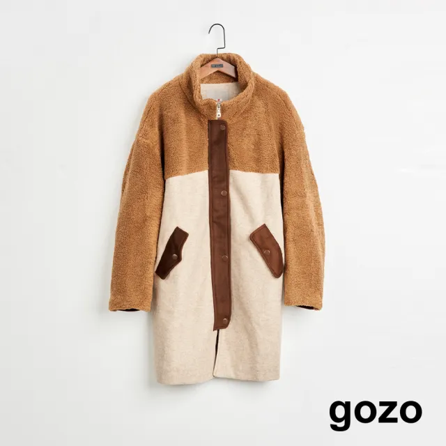 【gozo】MOMO獨家款★限量開賣 QQ毛拼接毛呢長版鋪棉大衣(兩色)