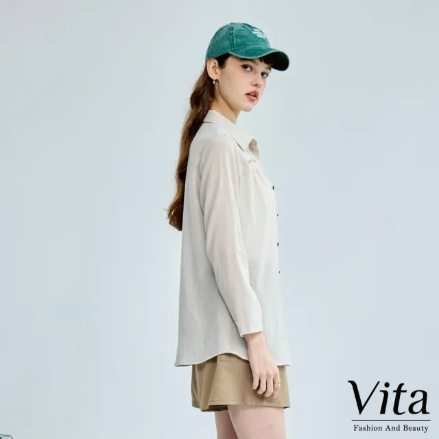 【MYSHEROS 蜜雪兒】VITA 純棉造型襯衫 翻領排釦中長版 胸口抓皺造型設計(二色任選)