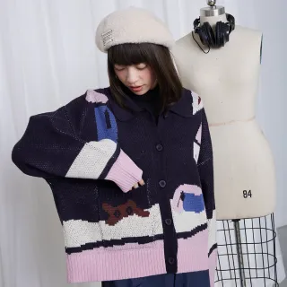 【gozo】居家女孩與貓翻領開襟毛衣外套(兩色)