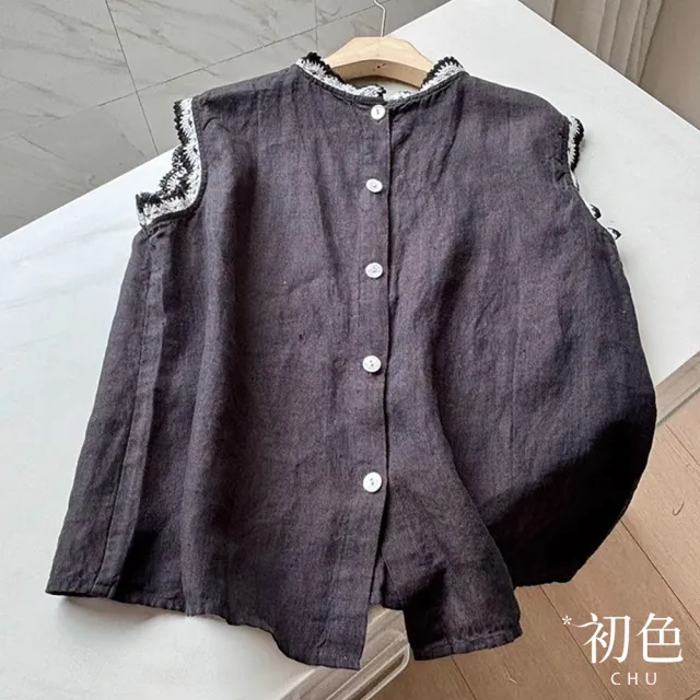 【初色】棉麻復古風圓領撞色繡花邊單排釦無袖背心上衣女上衣-共3色-11999(M-2XL可選)
