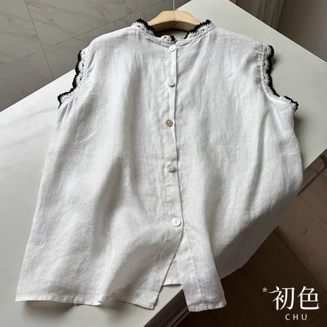 【初色】棉麻復古風圓領撞色繡花邊單排釦無袖背心上衣女上衣-共3色-11999(M-2XL可選)