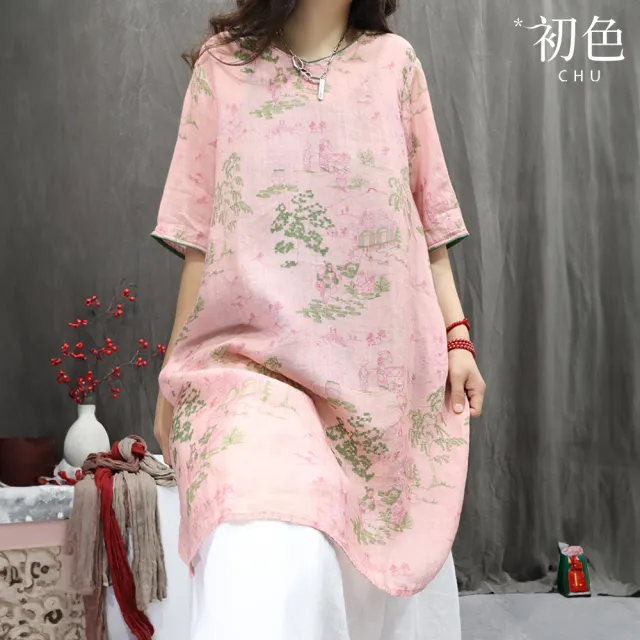 【初色】棉麻復古風寬鬆中式印花圓領五分袖上衣女上衣-共2色-11895(M-2XL可選)