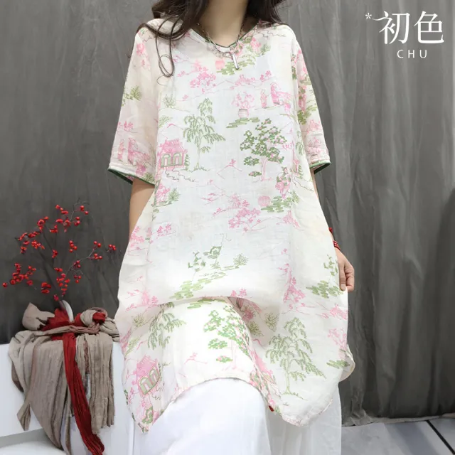 【初色】棉麻復古風寬鬆中式印花圓領五分袖上衣女上衣-共2色-11895(M-2XL可選)