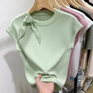 【初色】純色冰絲修身顯瘦圓領綁帶小飛袖短袖針織T恤上衣女上衣-共4色-11987(F可選)