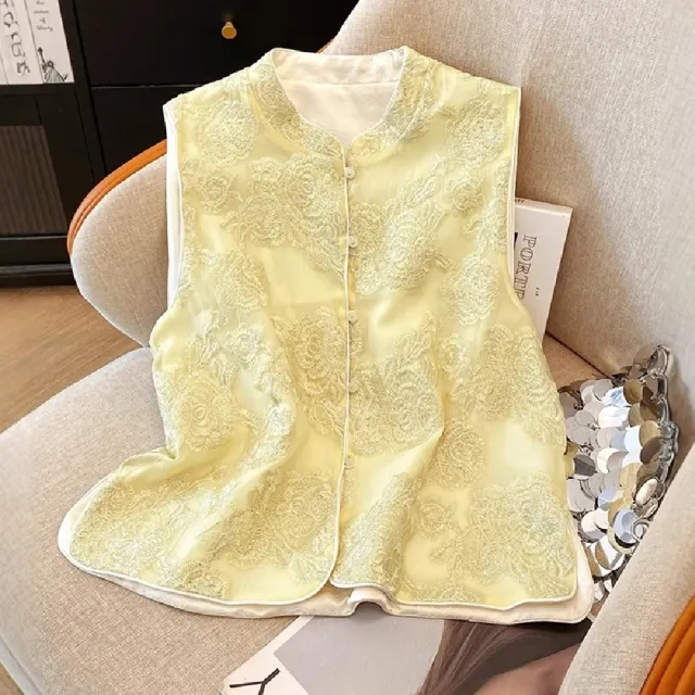 【巴黎精品】唐裝上衣中國風馬甲(刺繡蕾絲提花背心女外套3色n1jf40)