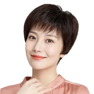 自然飽滿短髮真人髮絲假髮(加髮量 透氣舒適 遮白髮 整頂式假髮 深棕色)