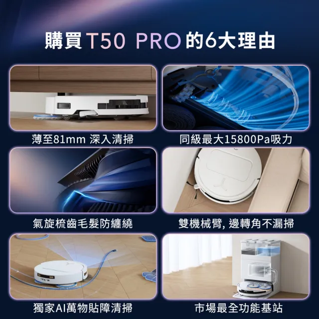 【ECOVACS 科沃斯】25年全新T50 PRO OMNI超薄全覆蓋全能旗艦掃拖機器人(超薄81MM/高溫洗烘/萬物沿邊)