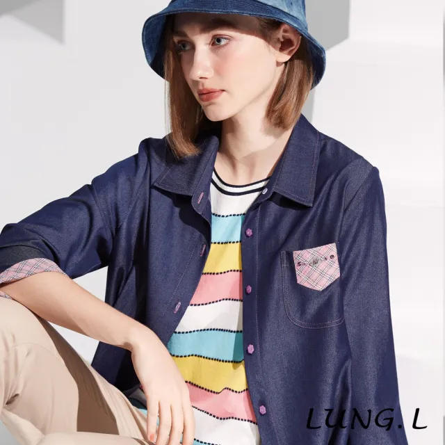 【LUNG.L 林佳樺】L852A 粉色彩條搭配藍色短袖女裝針織衫(春夏新品)