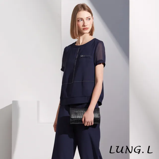 【LUNG.L 林佳樺】LR85A 藍色厚雪紡白色壓線短袖女裝上衣(春夏新品 加大尺碼)